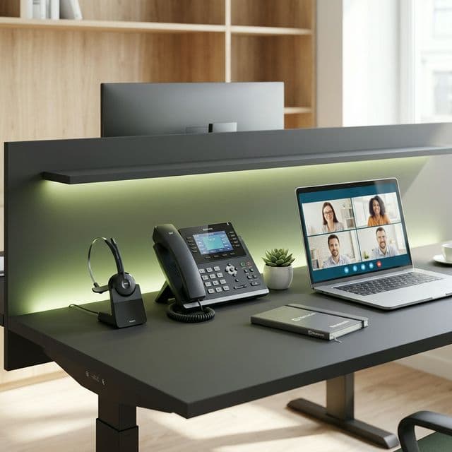 Modern office with VoIP phone and video conferencing setup