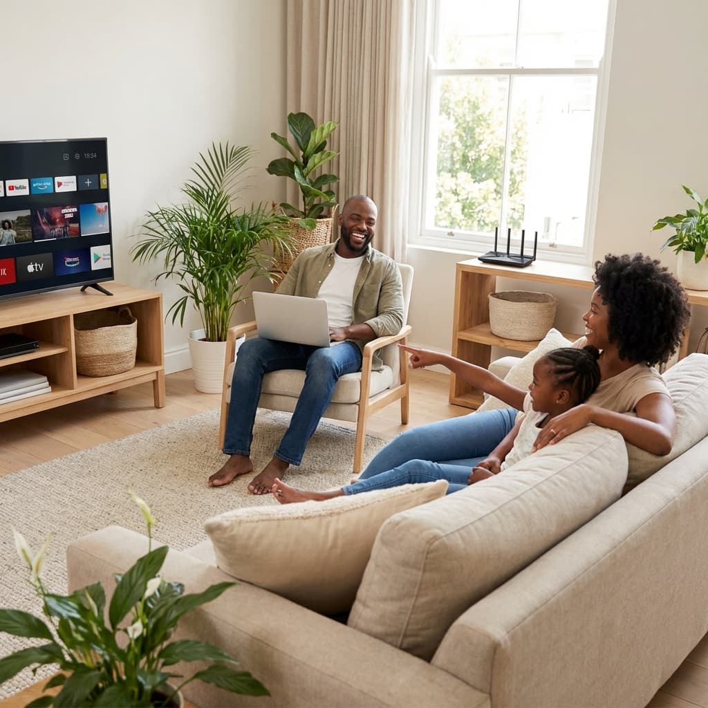 Happy family enjoying fast internet connection