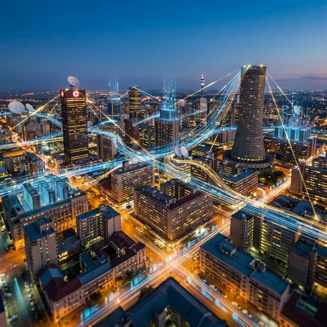 Johannesburg skyline with fiber optic network connections